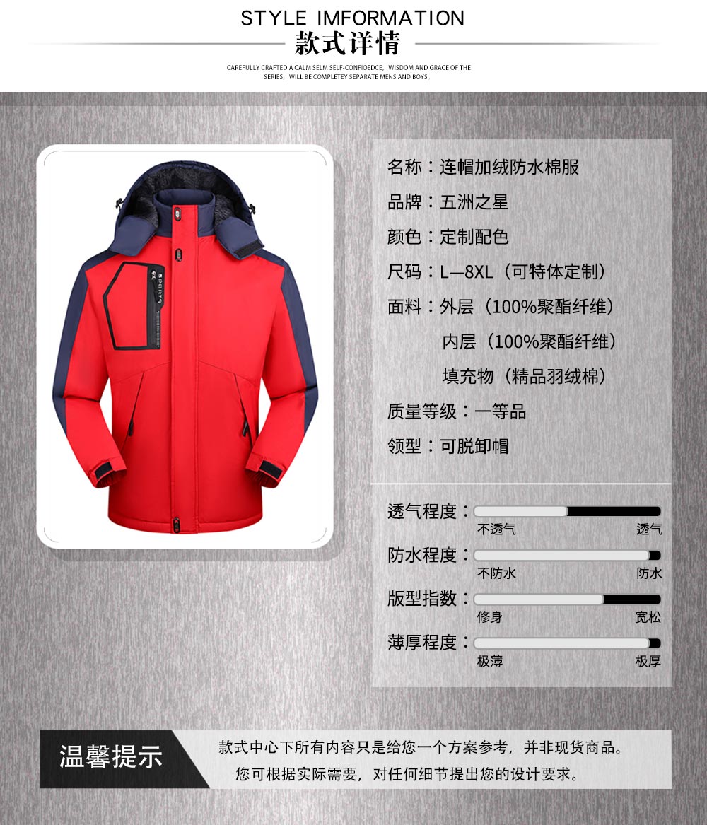 連帽加絨防水棉服—款式詳情