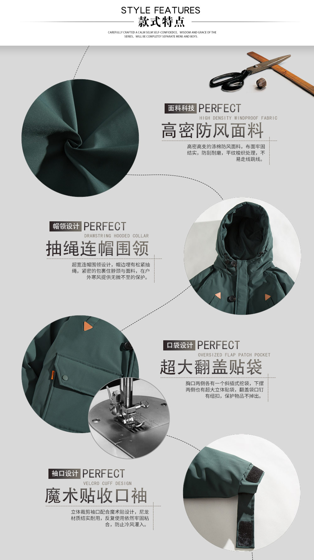 戶外連帽加厚棉服—款式特點